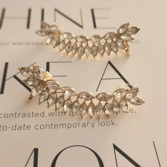 CZ MARQUISE Faceted Gold Statement Cuff Climbing Earrings Wedding Bridal - Picture 12 of 13